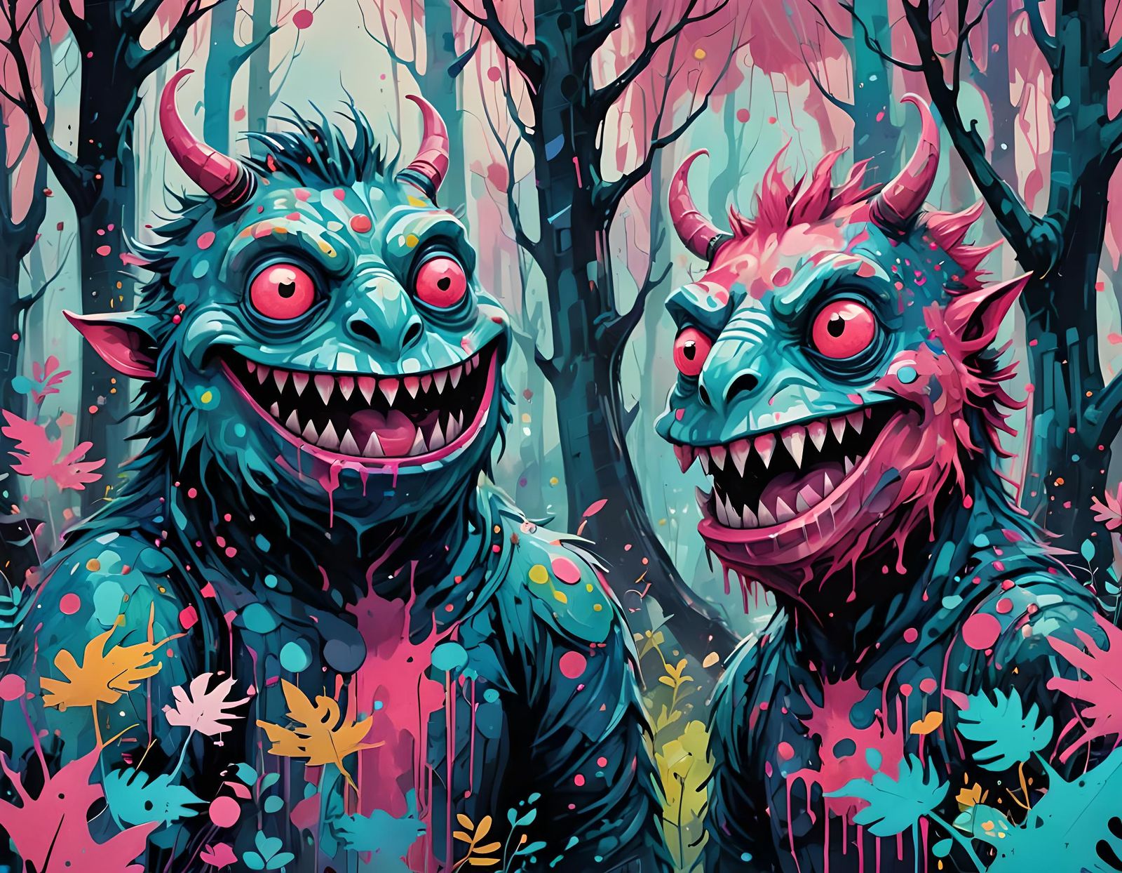 Watercolor Monsters in Abstract Forest