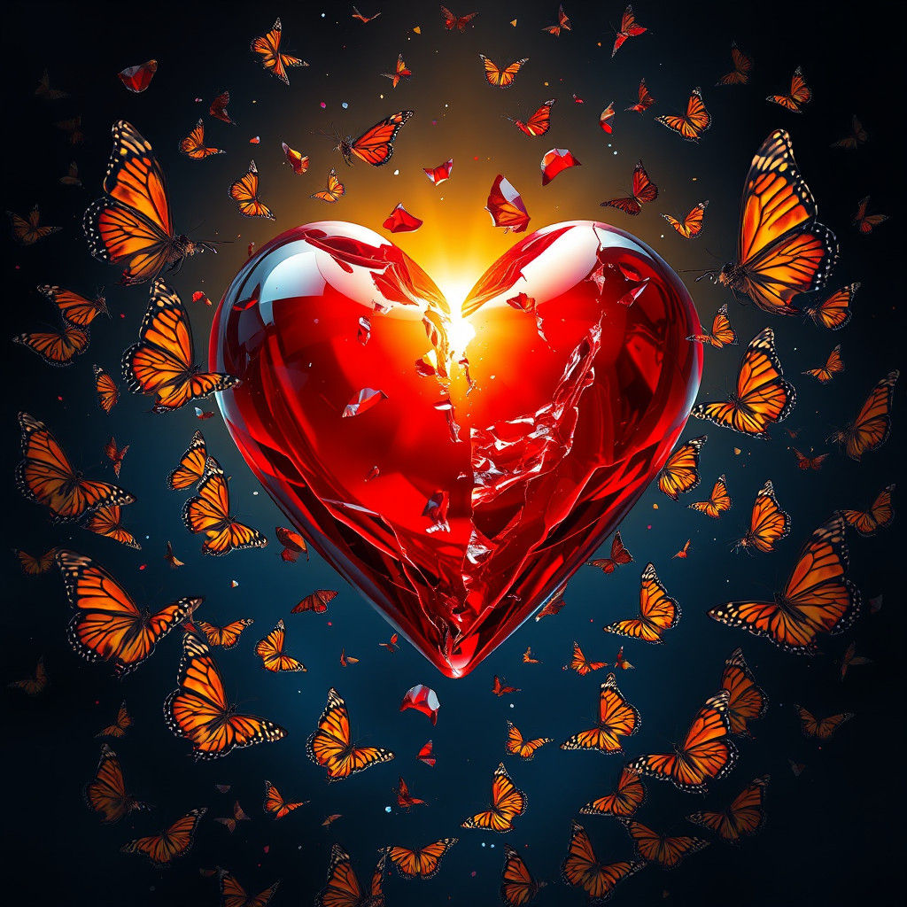 Shattered Red Glass Heart with Monarch Butterflies