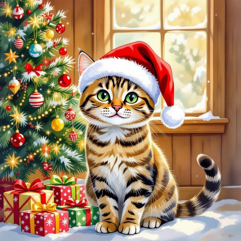 Festive Ocicat Cat Christmas Watercolor Scene
