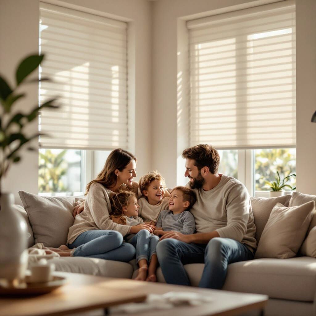 Joyful Family in Modern Living Room with Pleated Blinds