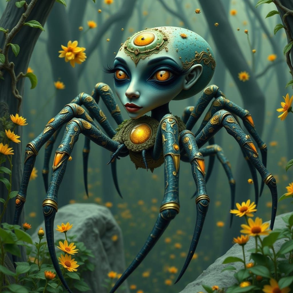 Whimsical Cybernetic Spider in Art Nouveau Style