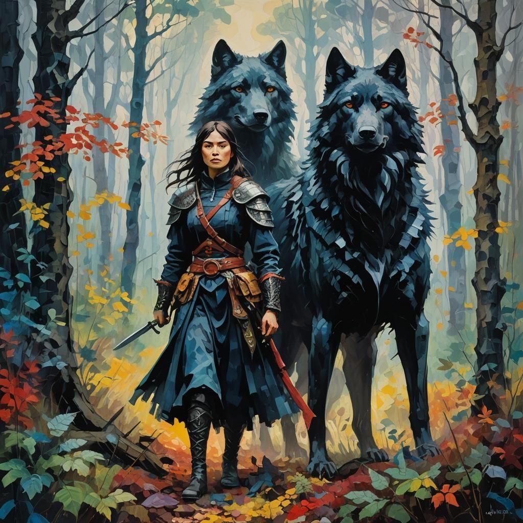 Warrior Woman with Wolf in Expressionist Style
