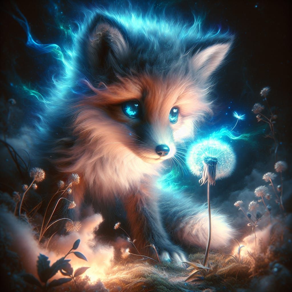 Mystical Fox Cub and Glowing Dandelion