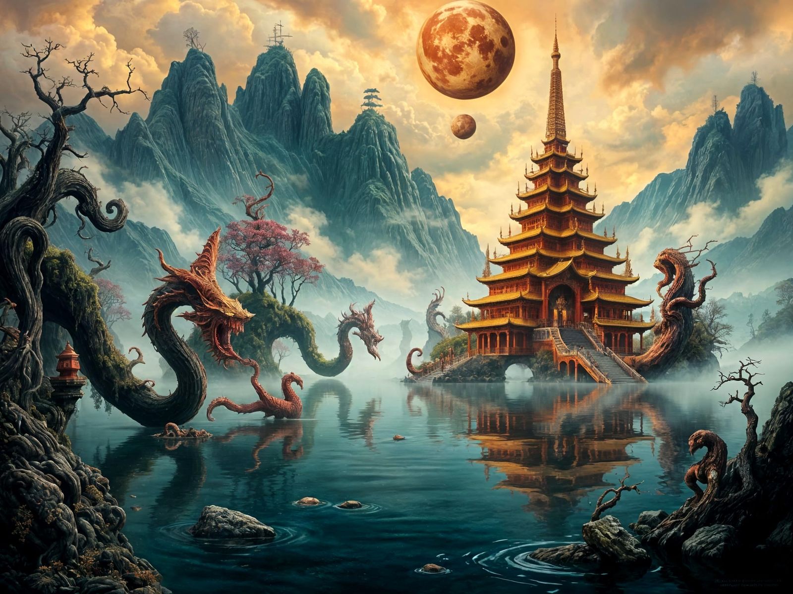 Surreal Japanese Landscape Painting with Temple
