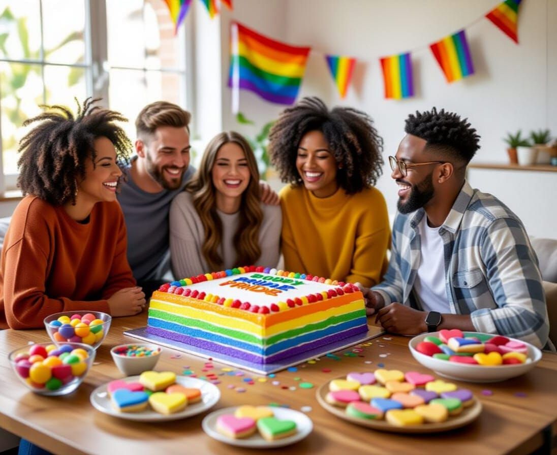 Pride Celebration with Rainbow Cake and Friends