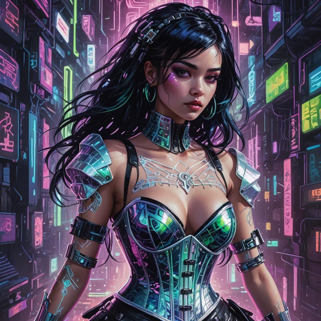 Cyberpunk Woman with Black Hair in Holographic World