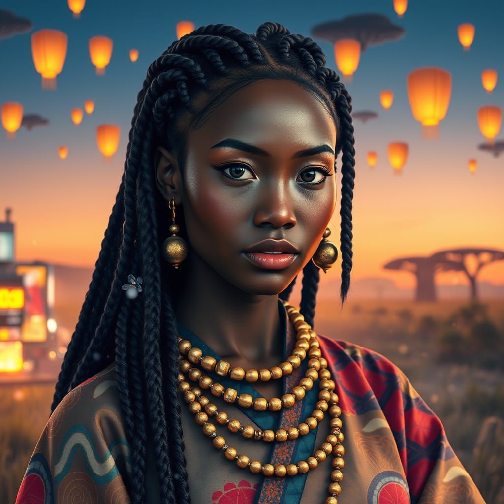 Ethereal Afrofuturist Goddess in Vibrant Ukiyo-e Style