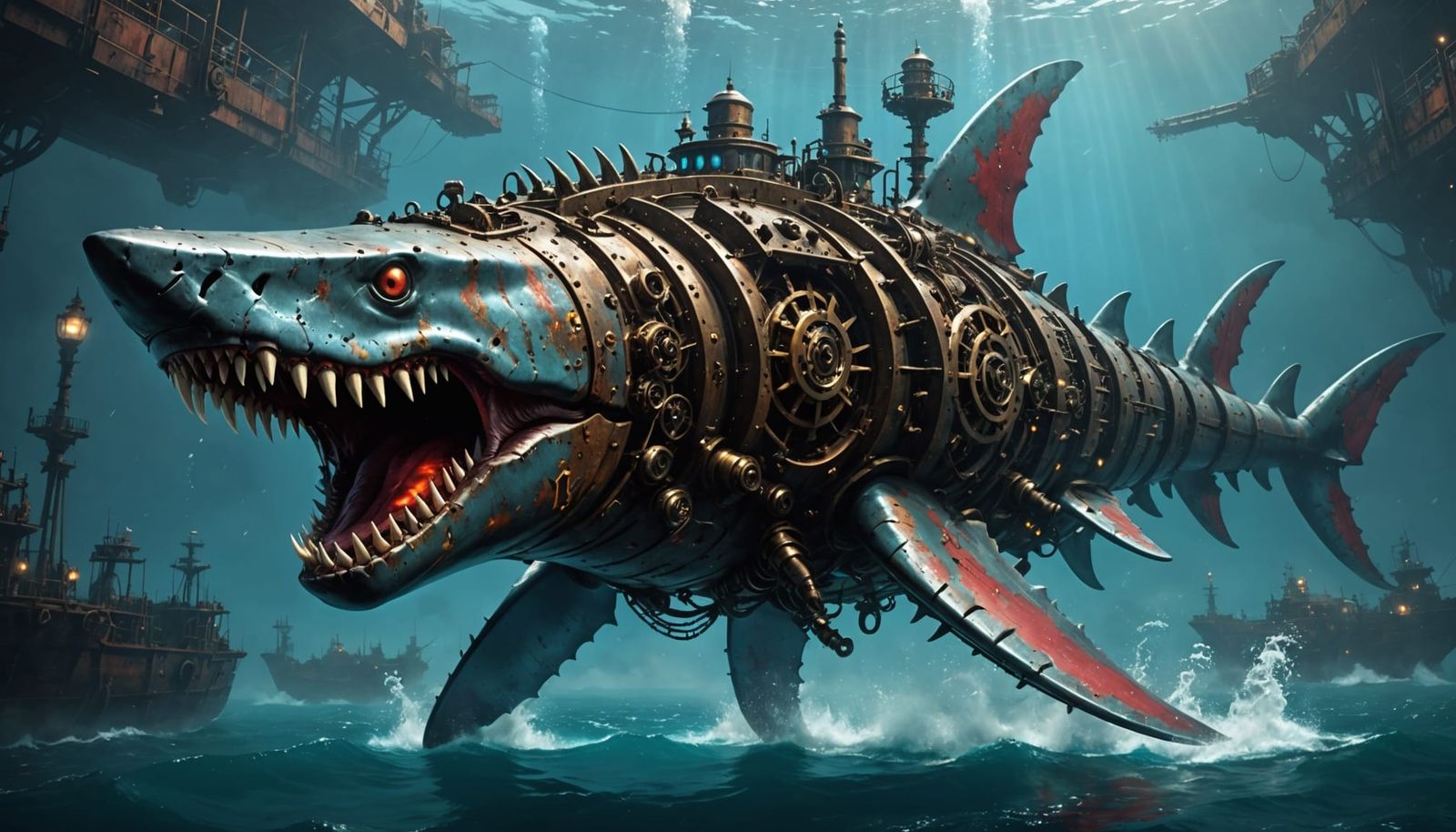 Steampunk Megalodon with Glowing Energy Cores