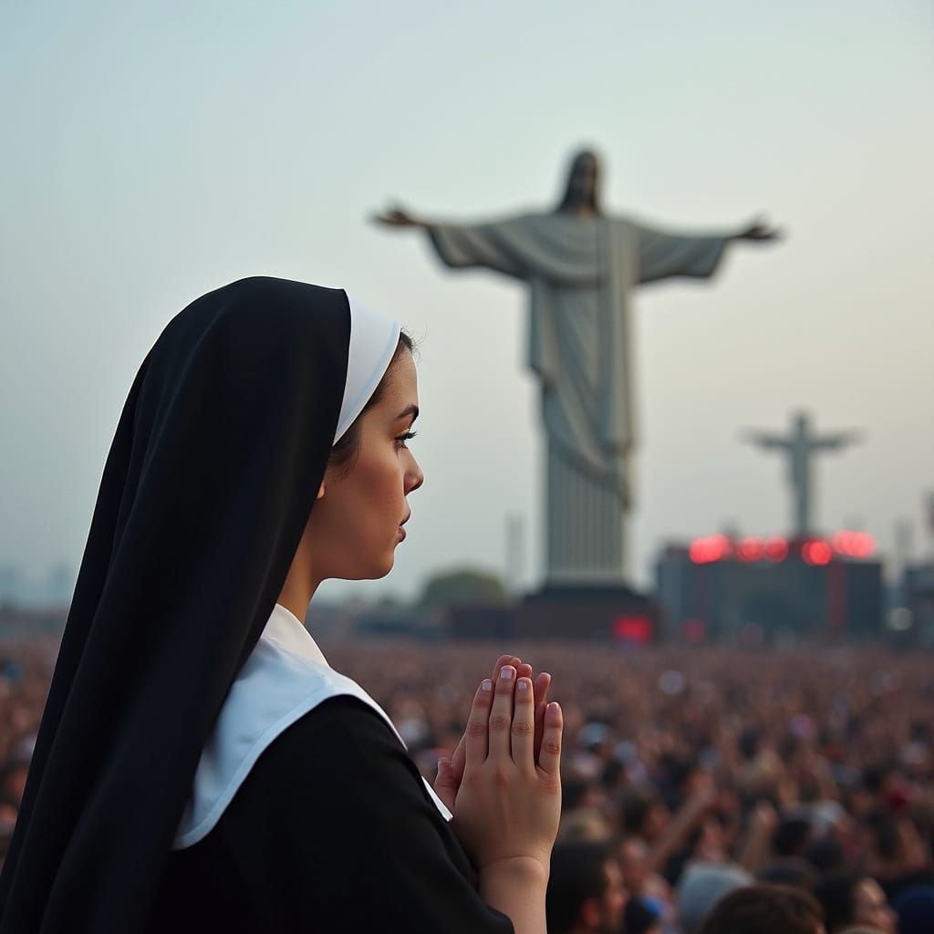 Nun Prays at Rock Festival Before Jesus Statue