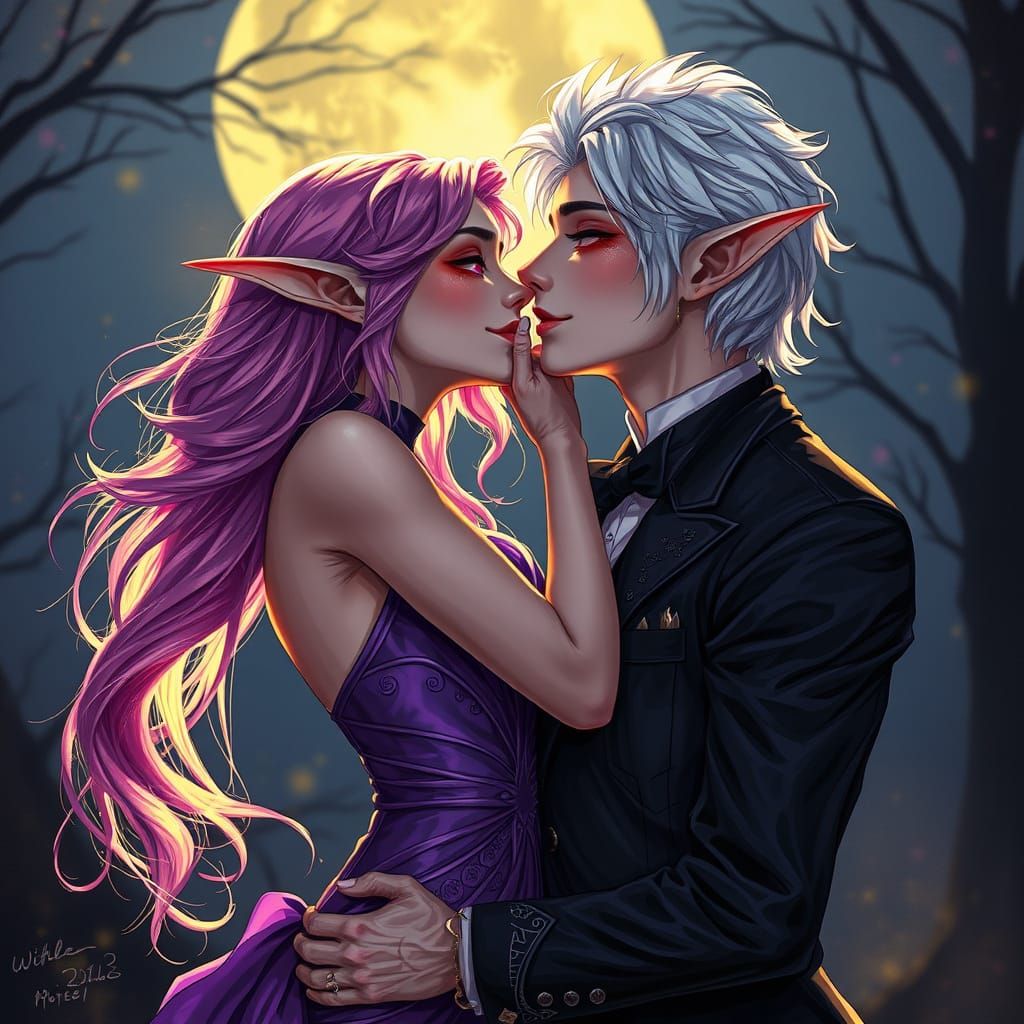 Elf Couple's Moonlit Kiss in Alcohol Ink Style