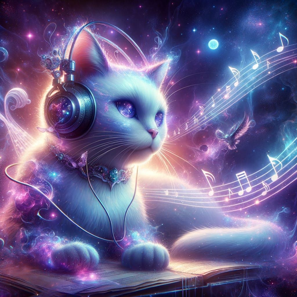 Mystical Feline Enjoys Cosmic Music in Vibrant Anime-Inspire...