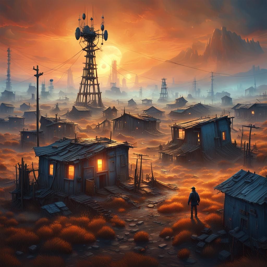 Post-Apocalyptic Settlement with Radio Mast, Matte Painting