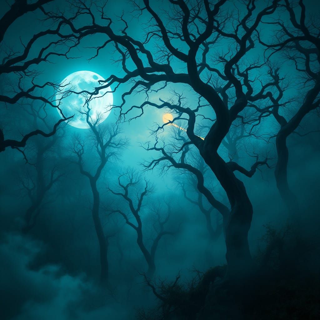 Mystical Moonlit Forestscape in Cyberpunk Style