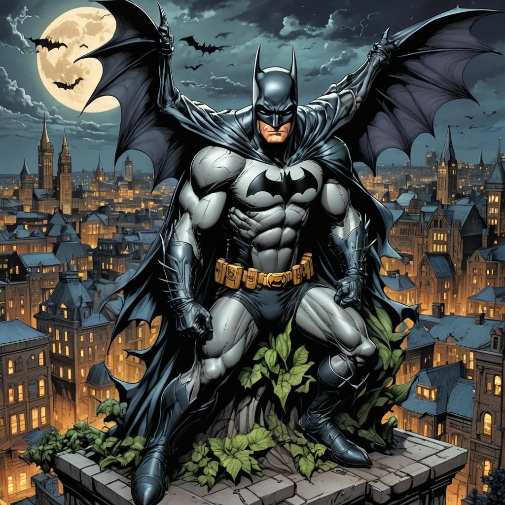 Batman Contemplates Gotham from Gargoyle Perch