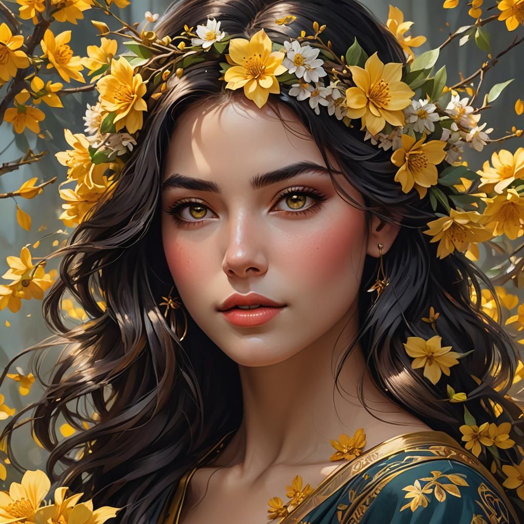 Portrait of Beautiful Girl with Yellow Flowers