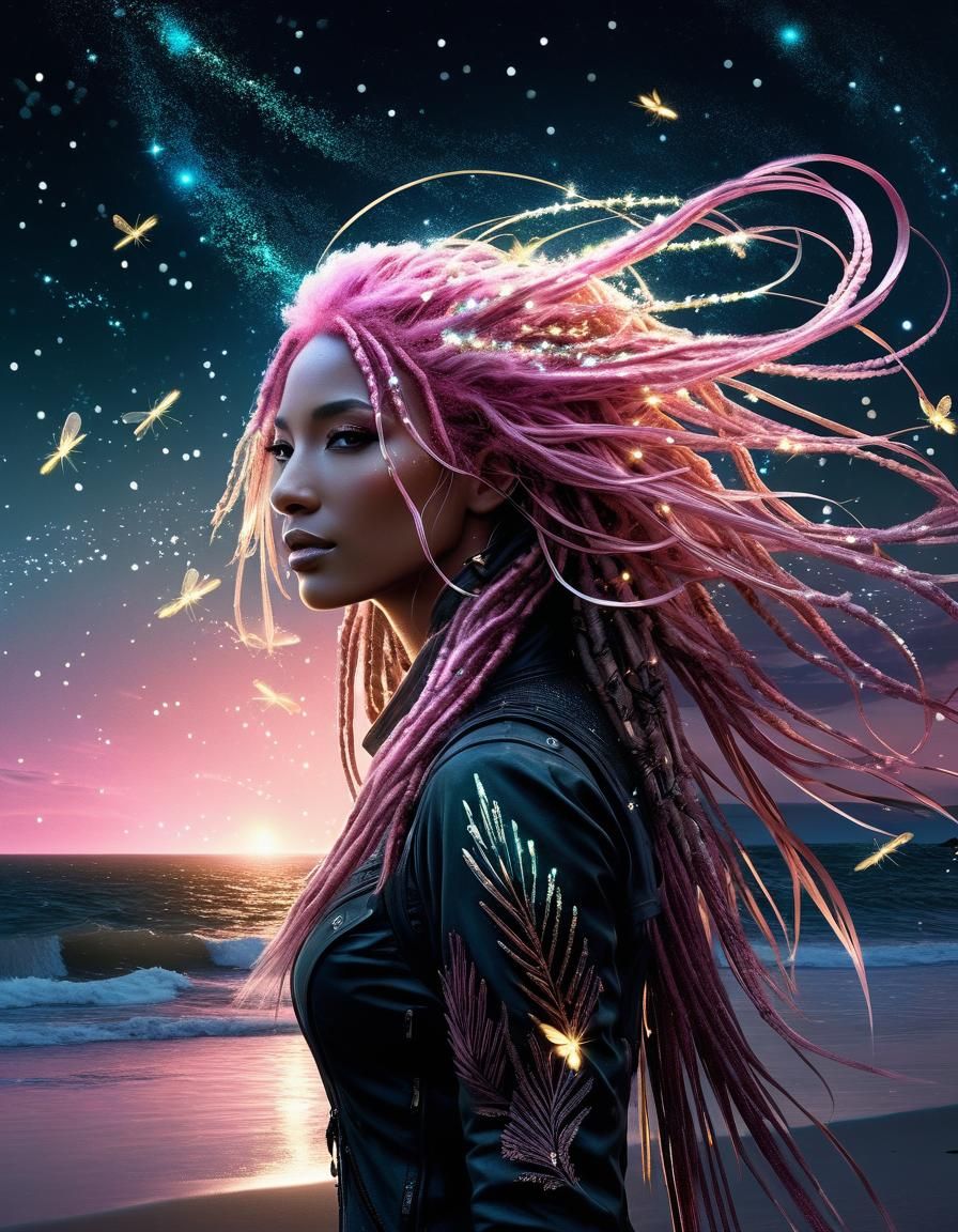 Pegasus Girl with Pink Dreadlocks and Fireflies