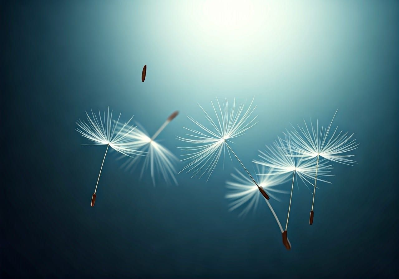 Dandelion Seeds Floating in Dreamlike Blue Gradient