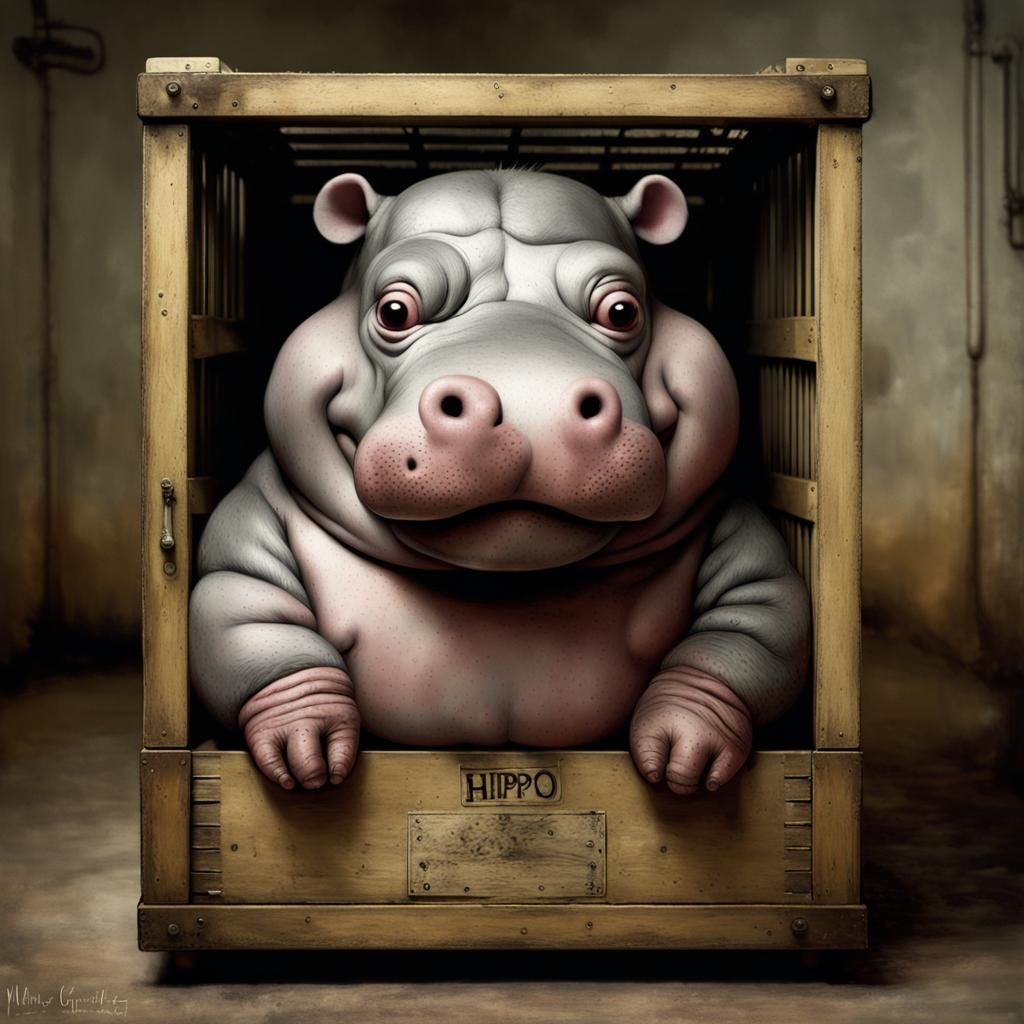 Surreal Obese Hippo in Crate, Blended Art Styles