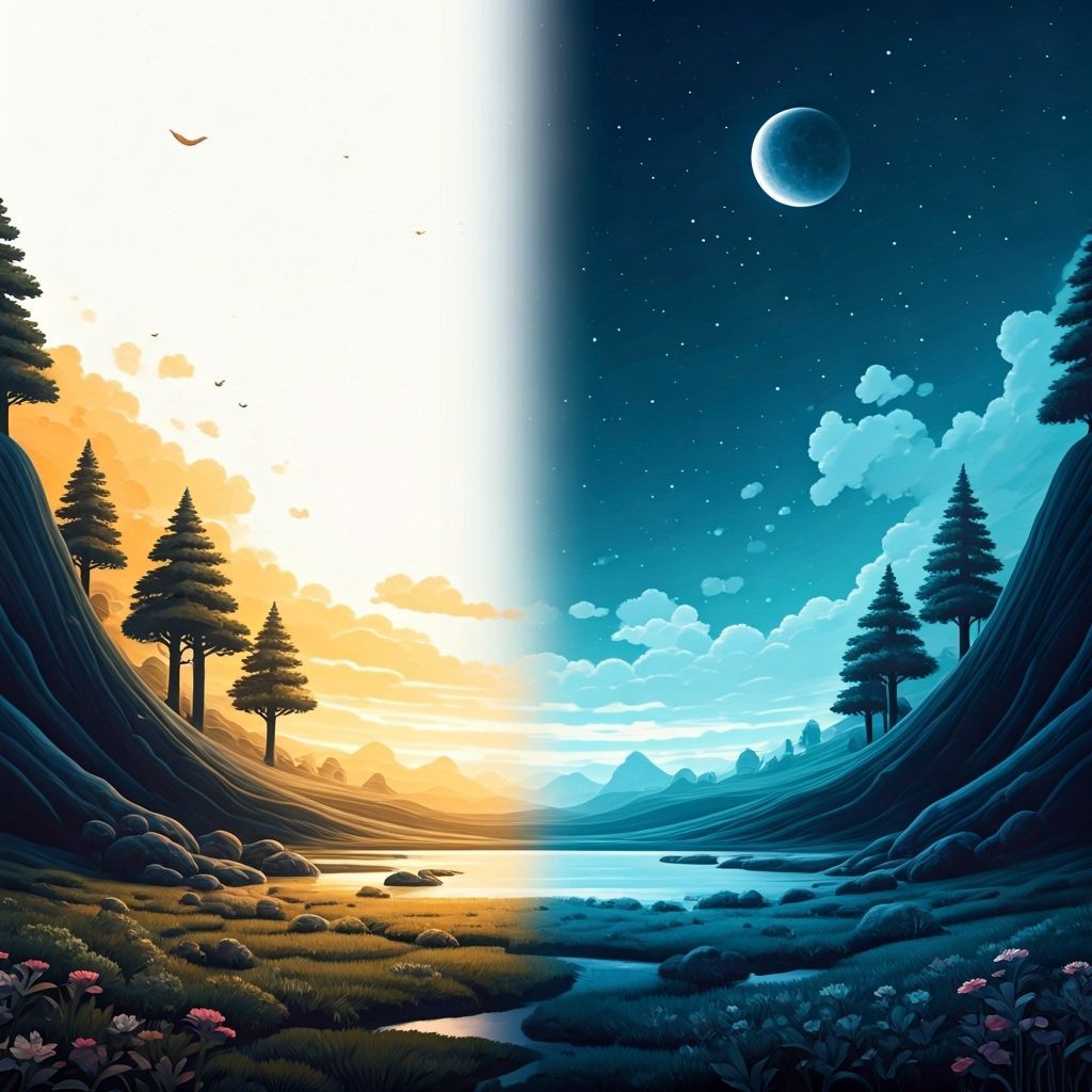 Harmonious Day and Night Landscape in Dreamlike Style