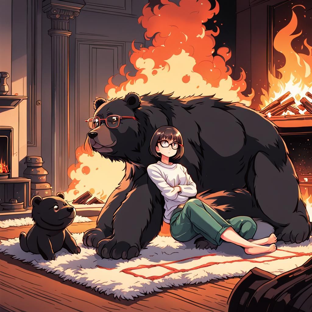 80s Anime Woman Watching Fireplace