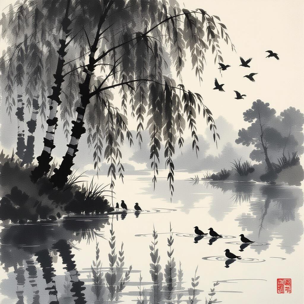 Crystal Brook Reflects Willow Trees in Ukiyo-e Style