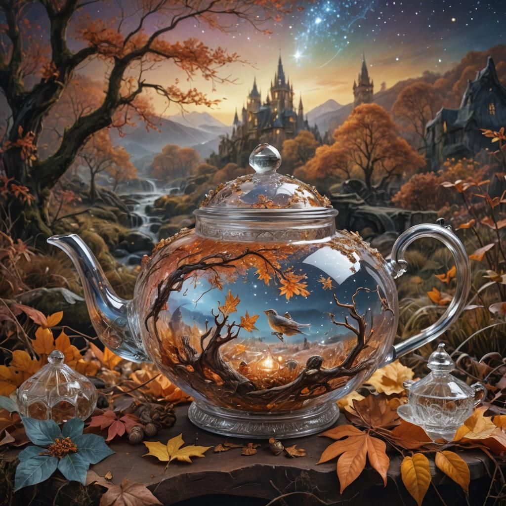 Starlit Autumn Landscape Flows From Crystal Teapot