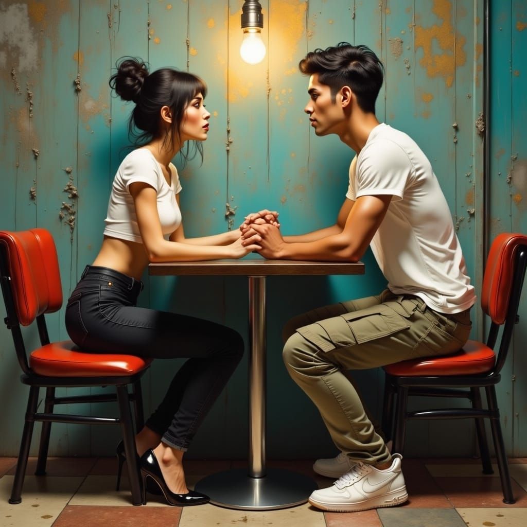 Young Couple's Intense Moment in Grungy Cafe
