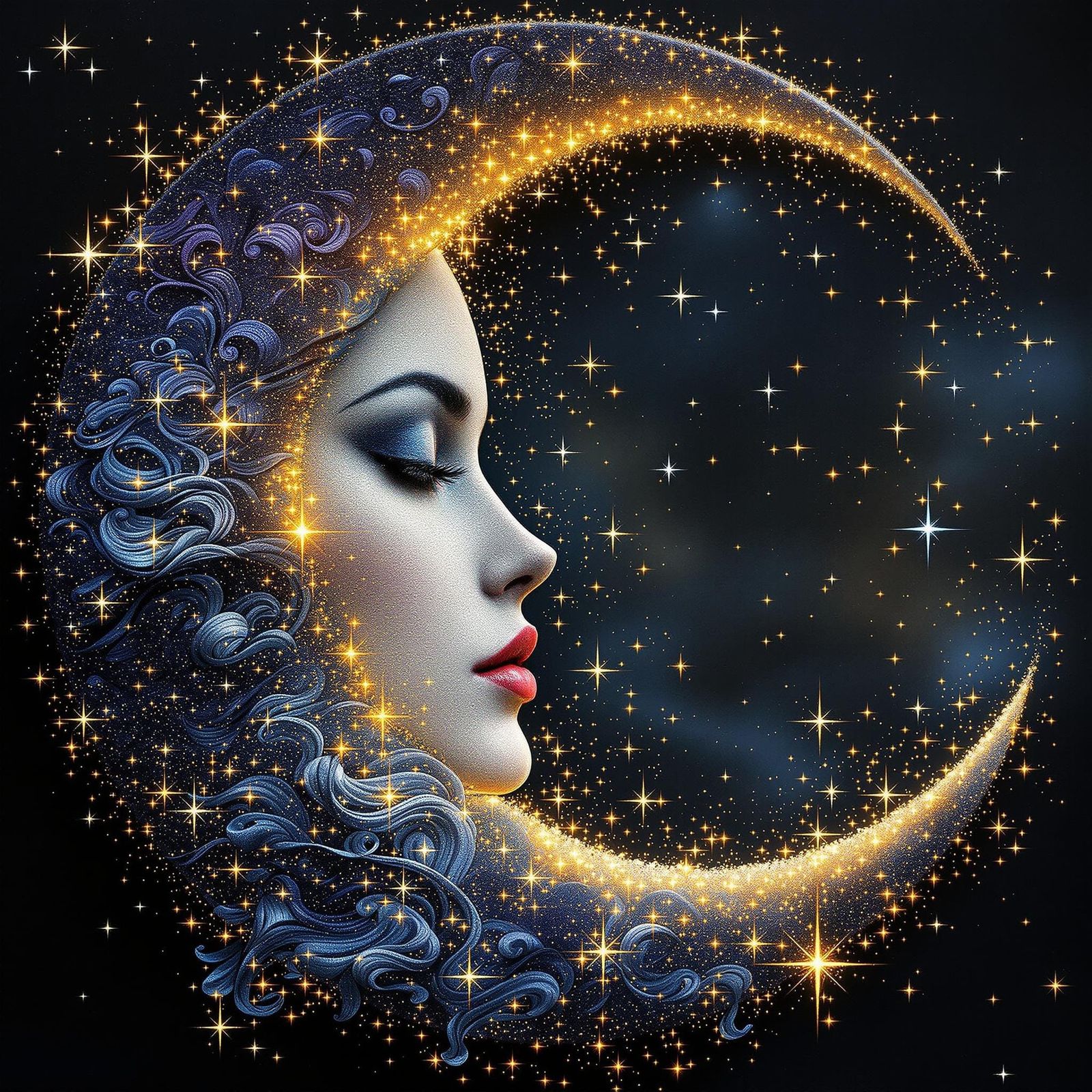 Yarn Art Surreal Moon with Female Face