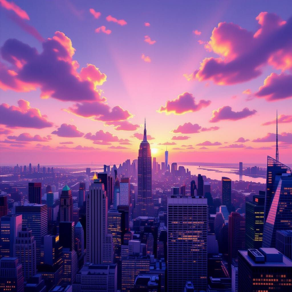 New York City Skyline at Pink Sunset with Clouds