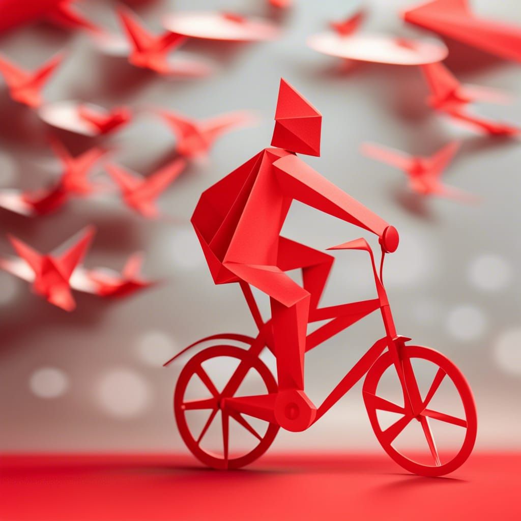 Person Riding Red Bicycle in Origami Style