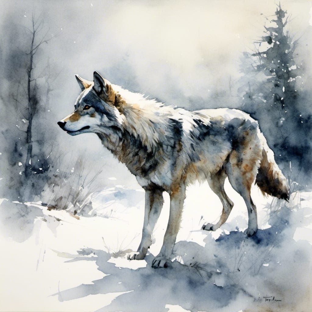 Pale Gray Wolf in Snowy Watercolor Landscape