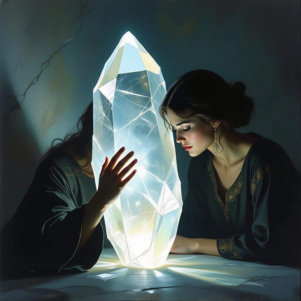 Contemplative Person Touches Glowing Crystal Shard