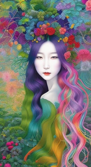 Rainbow-Human Hybrid in Vines, Surreal Digital Art