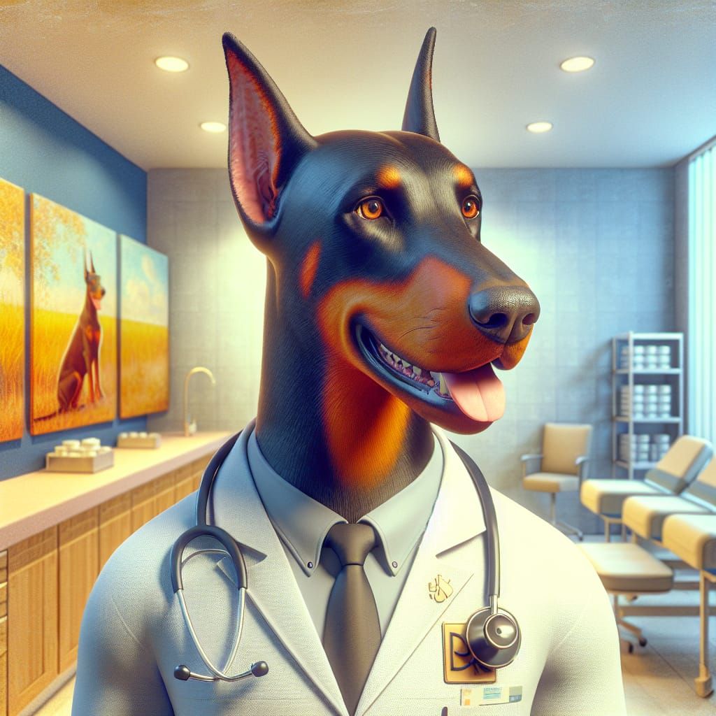 Charming Doberman Doctor in Late 19th-Century Lithograph Sty...