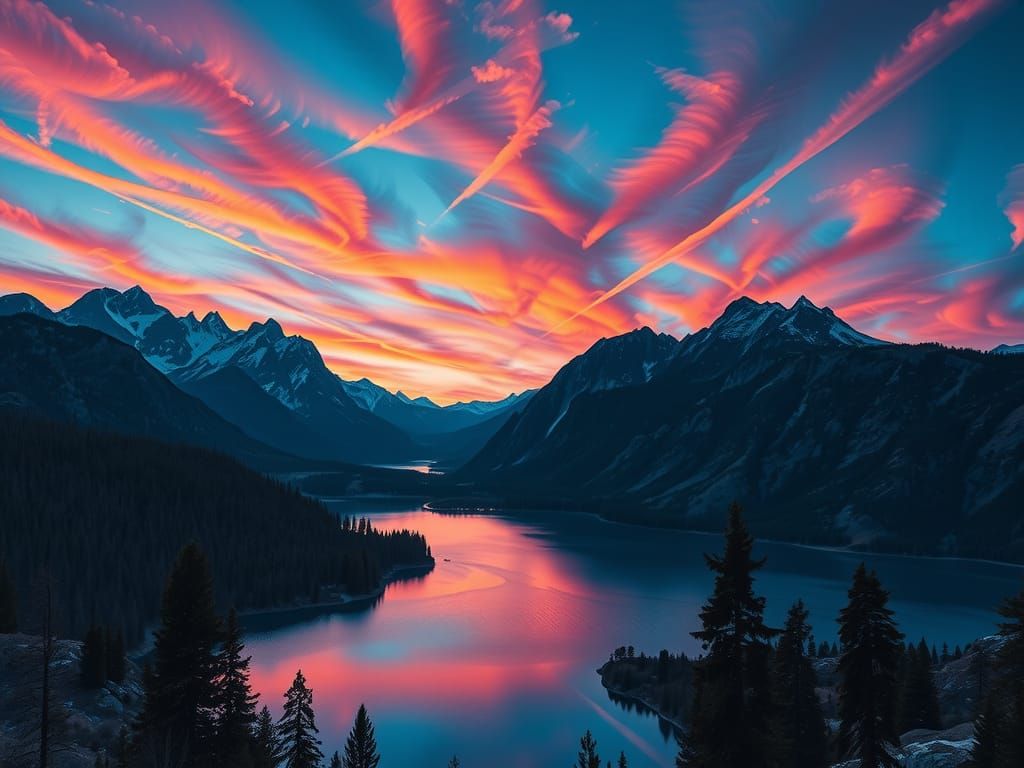 Twilight Landscape: Majestic Mountains and Crimson Sky