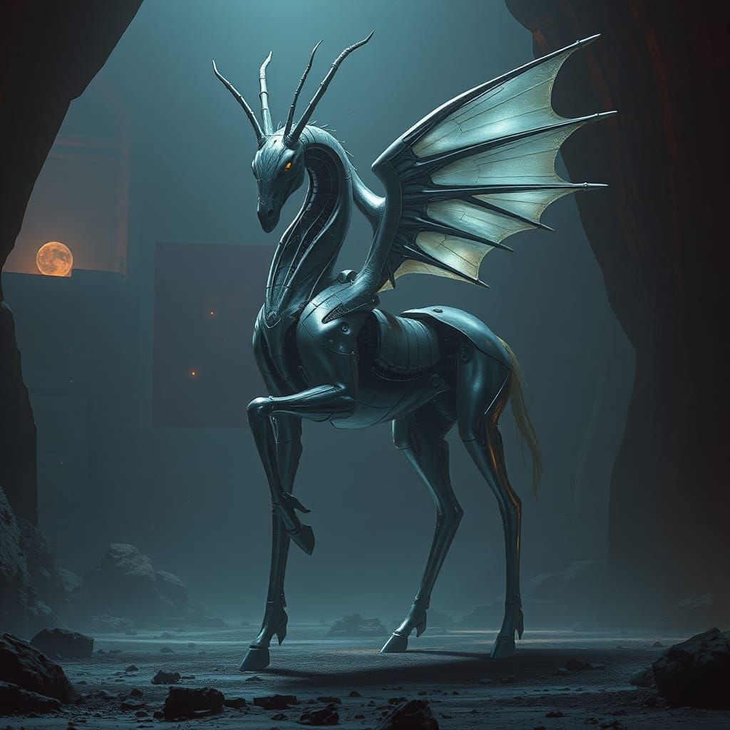 Biomechanical Centaur in Dystopian Landscape