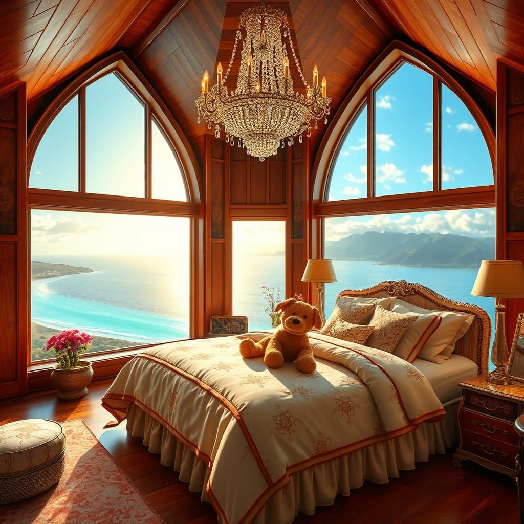 Luxurious Redwood Retreat with Golden Chandelier and Plush B...