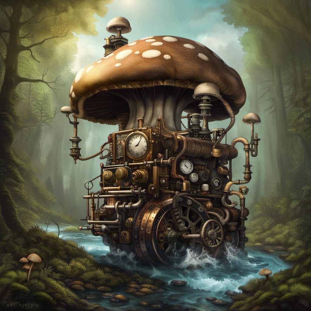 Steampunk Engine in Enchanted Mushroom Forest