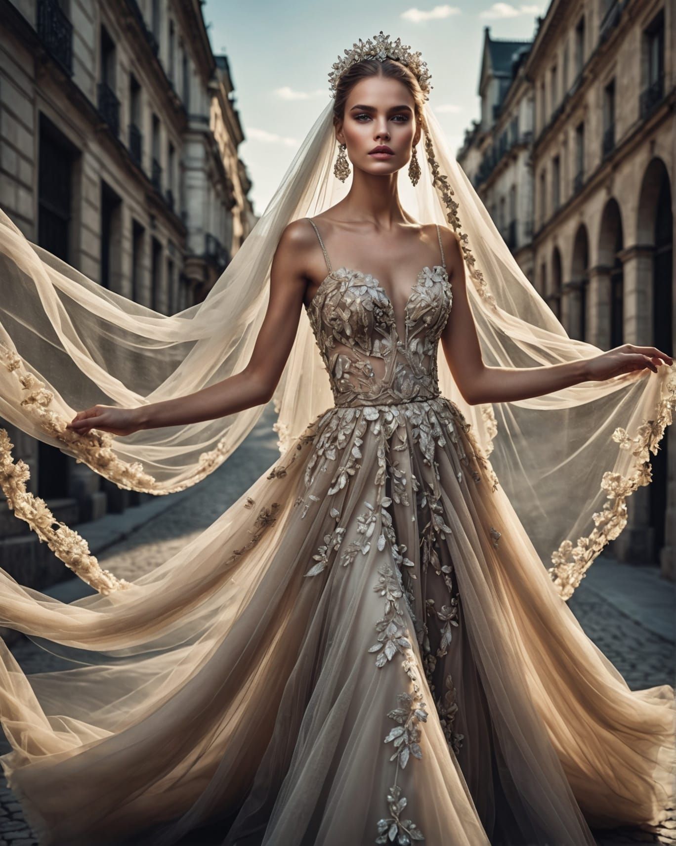 Cyborg Fashionista in Flowing Tulle Outfit