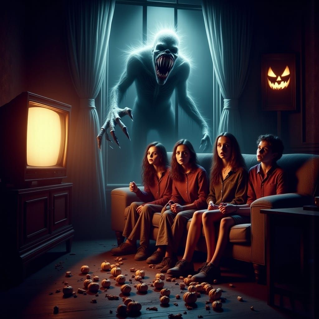 Monster Emerges from TV in Horror Movie Scene