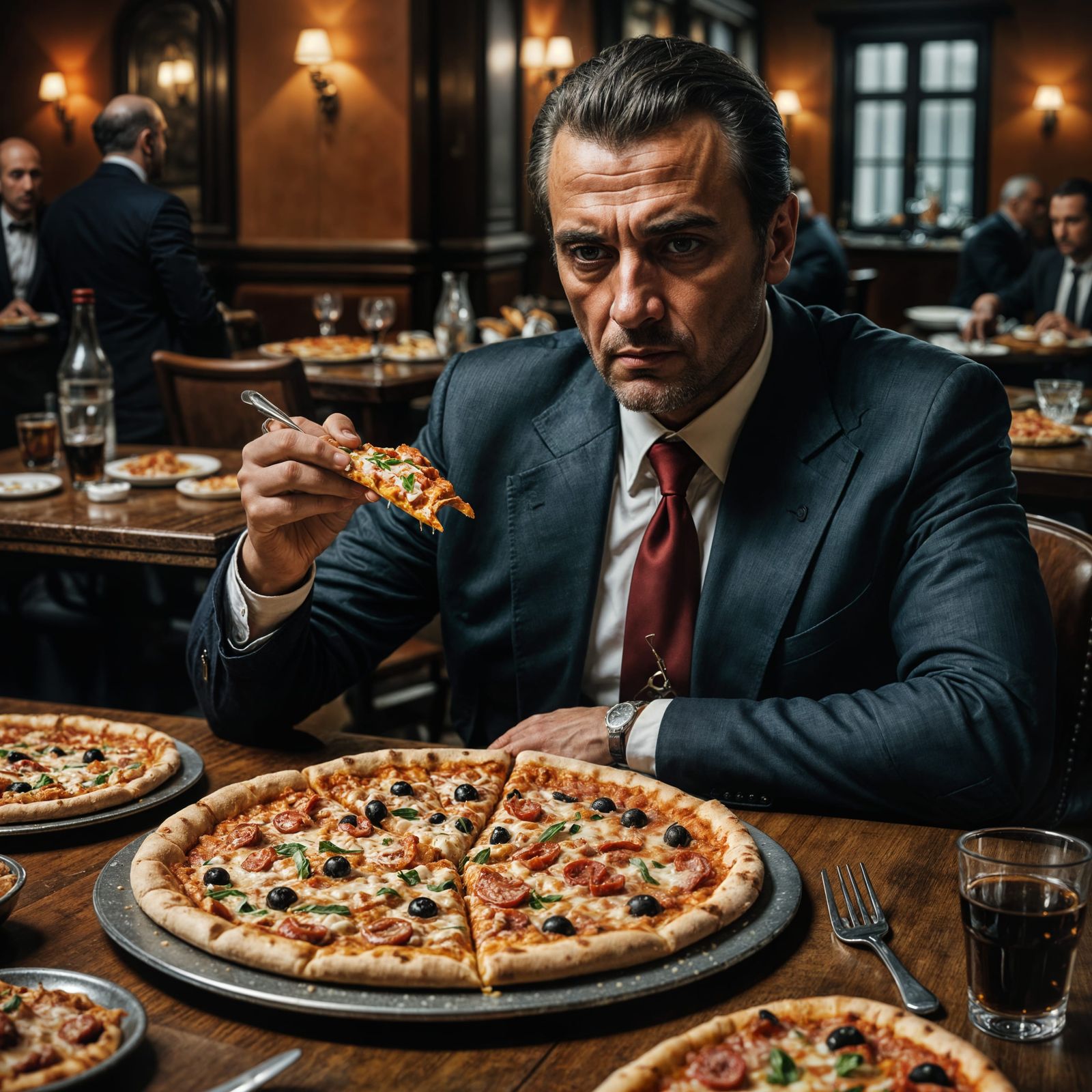 Hyperrealistic Italian Mafioso Enjoying Pizza