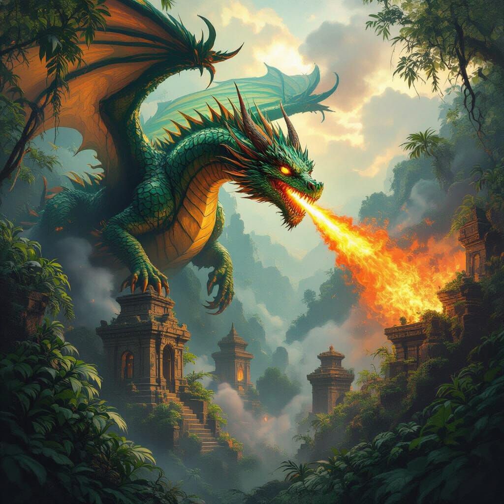 Dragon Unleashes Firestorm on Jungle Ruins in Dark Fantasy S...