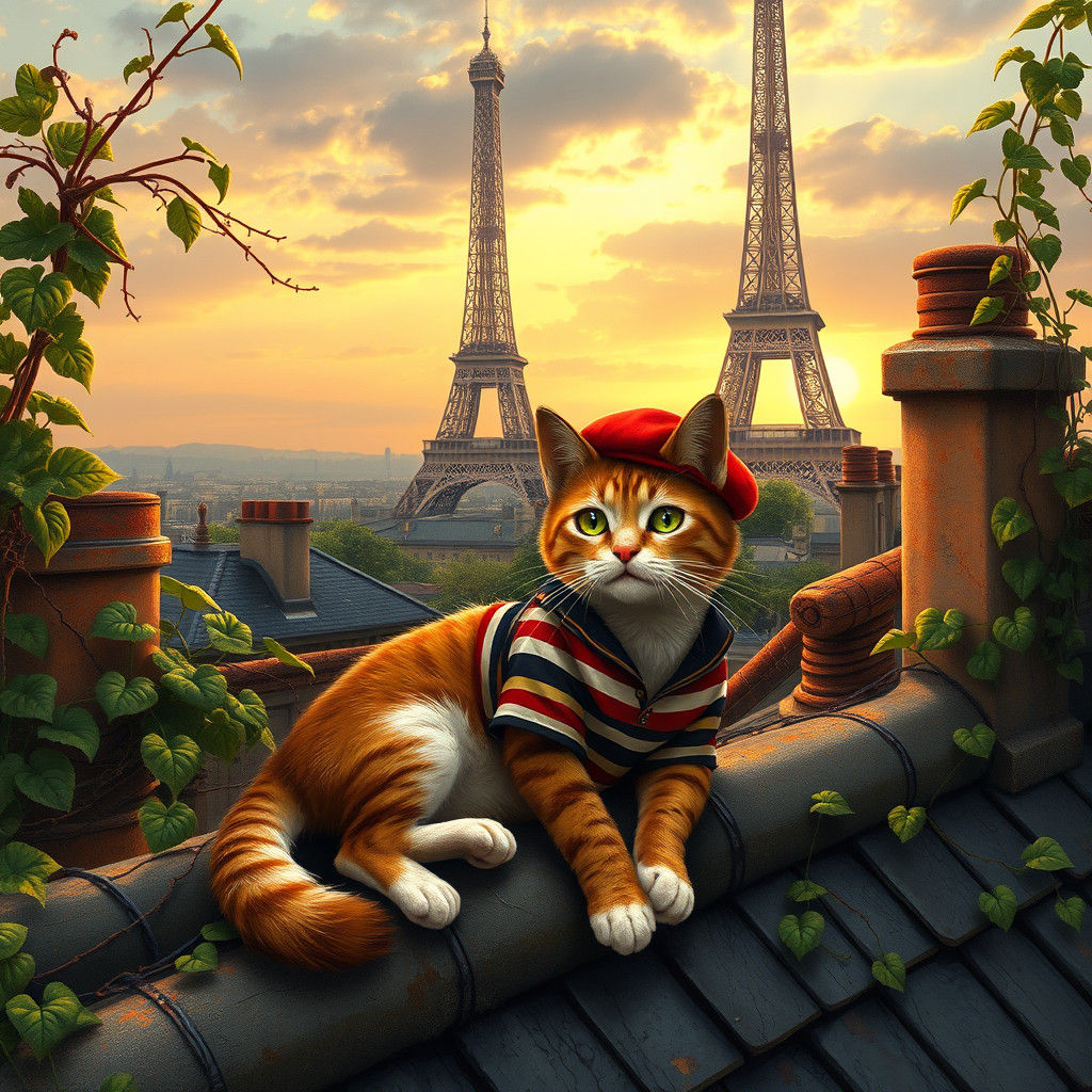 French Cat in Beret Lounging on Paris Rooftop
