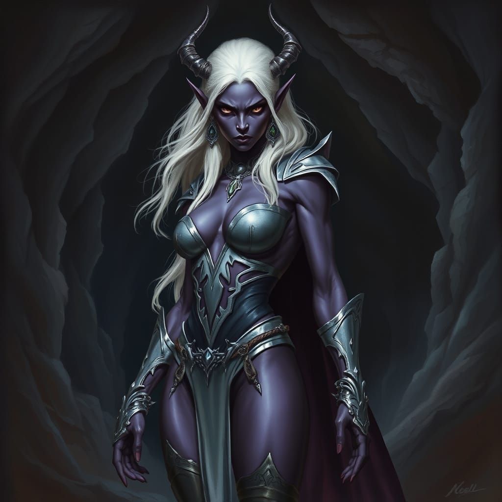 Drow Priestess Portrait in Dark Cave, Fantasy Art