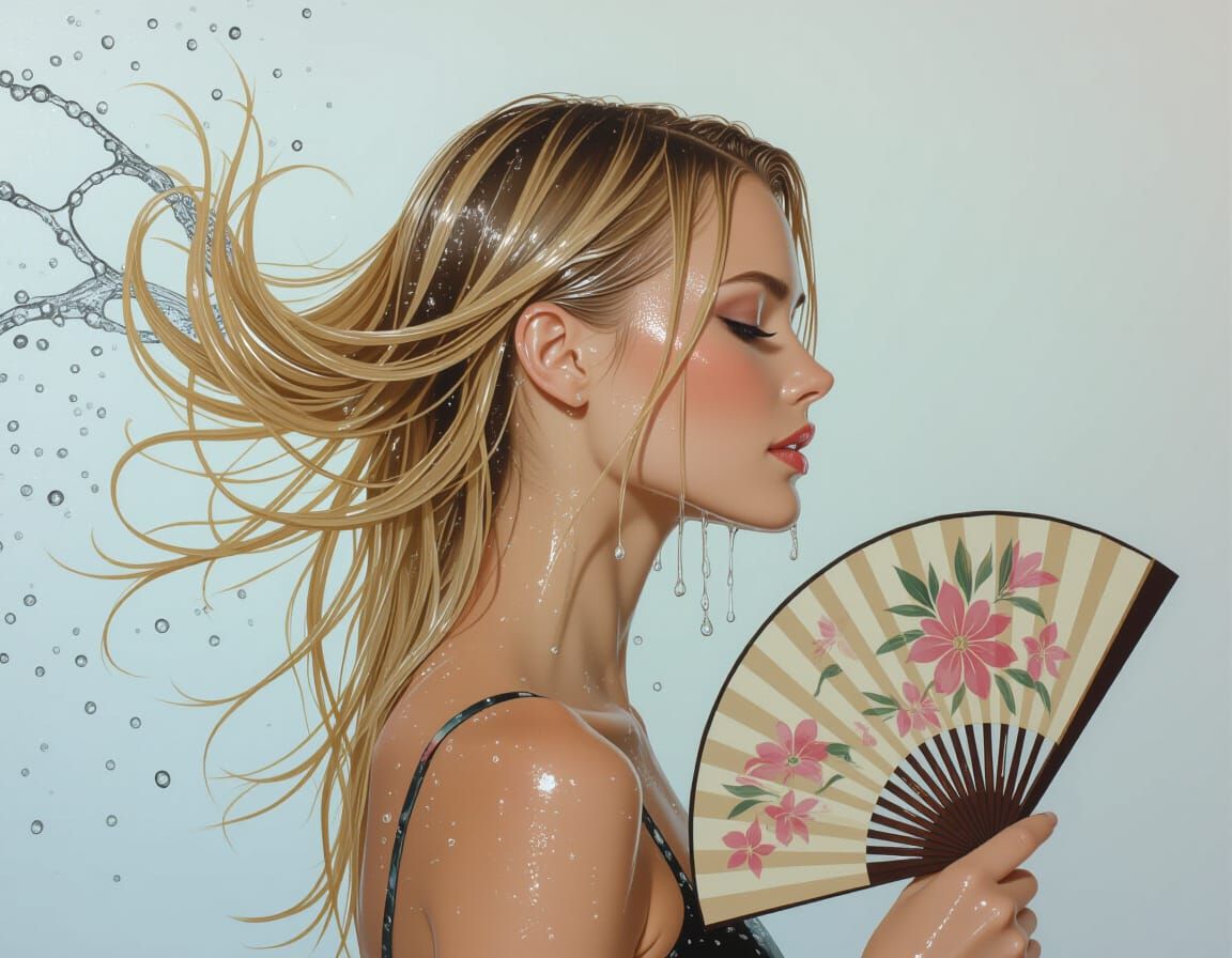 Woman Flipping Wet Hair with Sakura Fan