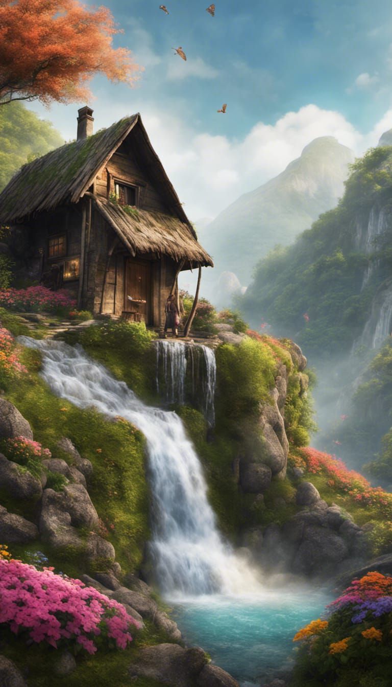 Swift Waterfall with Hut and Flowers: Photorealistic Image