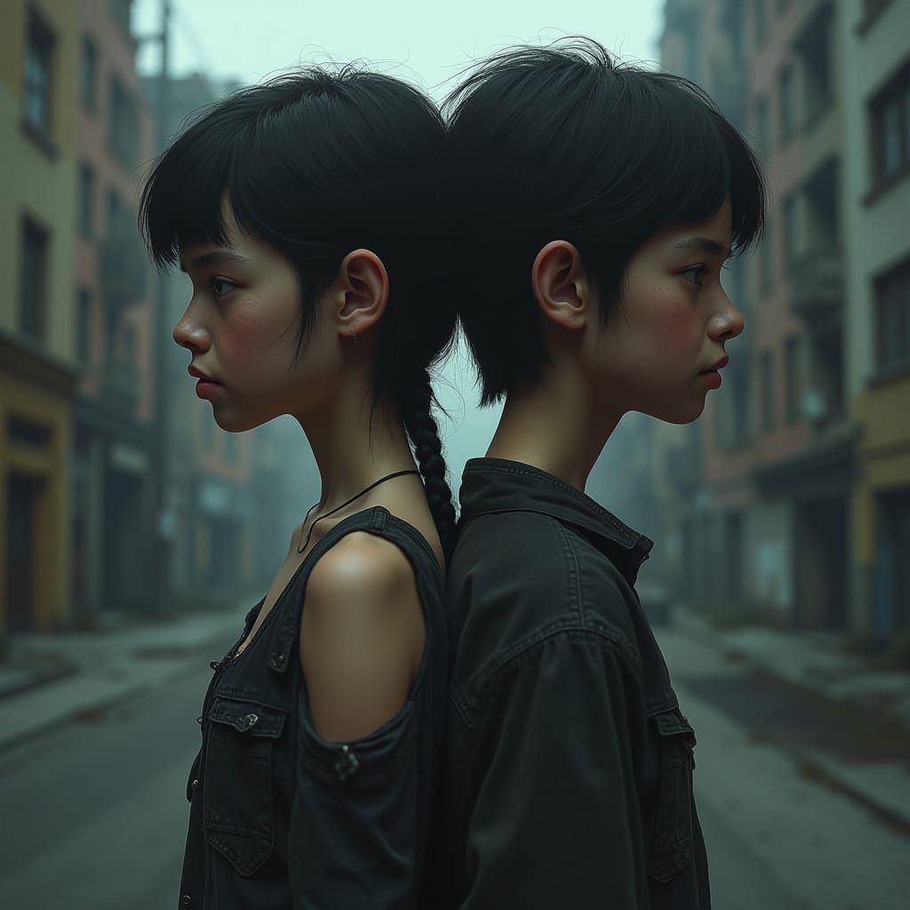 Conjoined Teenagers in Gritty Urban Scene