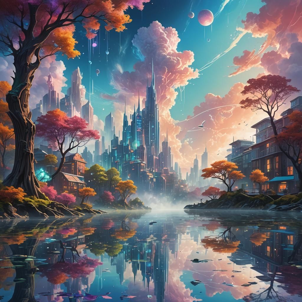 Surreal Lakeside Cityscape with Upside-Down Trees
