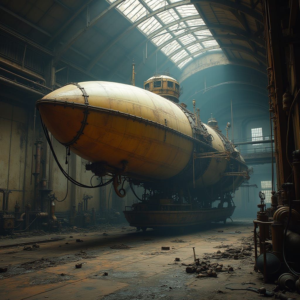 Forgotten Steampunk Airship Amidst Abandoned Industrial Ruin...