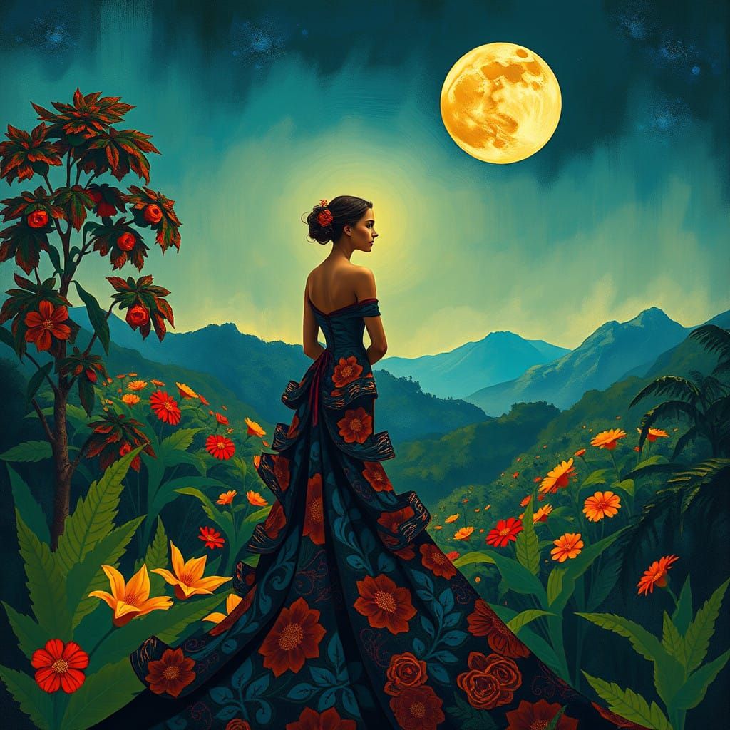 Golden Goddess in Lush Nocturnal Landscape
